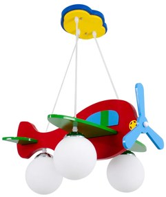 01575 GloboStar® AIRPLANE 01575 Παιδικό Κρεμαστό Φωτιστικό Φιγούρα Τρίφωτο 3 x E27 IP20 Πολύχρωμο Ξύλο με Λευκό Γυαλί - Μ51 x Π49 x Υ26cm