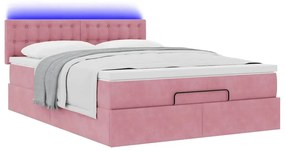 vidaXL Οθωμανικό κρεβάτι με στρώμα & LEDs Ροζ 140x200cm Βελούδο