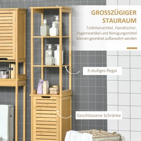 kleankin Ντουλάπι μπάνιου, ψηλό ντουλάπι, τρία ράφια, ένα ντουλάπι με πόρτα με περσίδες, προστασία από ανατροπή, μπαμπού, 34 x 30 x 173cm