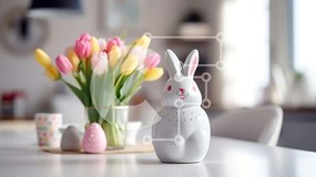 Intra Συλλεκτικό Ξύλινο Παζλ Plywood 4mm - Λευκό ειδώλιο λαγουδάκι και τουλίπες στο τραπέζι φαγητού Σε Ξύλινο Κουτί - Διαστάσεις: 10x10 cm – 25 κομμάτια