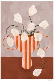 Πόστερ White Flowers In Striped Vase - Κόκκινο Άσπρο 30 x 40 cm THE POSTER CLUB