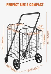 VEVOR Folding Shopping Cart, Jumbo Grocery Cart with Double Baskets, 360° Swivel Wheels, Heavy Duty Utility Cart, 110 LBS Large Capacity Utility Cart for Laundry, Shopping, Grocery, Luggage