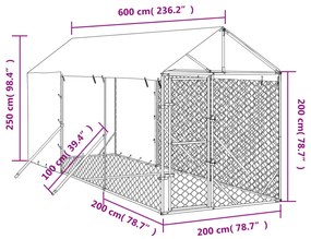 vidaXL Κλουβί Σκύλου Εξ. Χώρου με Οροφή Ασημί 2x6x2,5 μ. Γαλβ. Ατσάλι