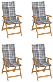 Καρέκλες Κήπου 4 τεμ. Μασίφ Ξύλο Teak με Γκρι Καρό Μαξιλάρια - Πολύχρωμο
