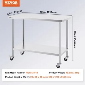 VEVOR Stainless Steel Work Table Commercial Prep Table 24x48 Inch With 4 Casters