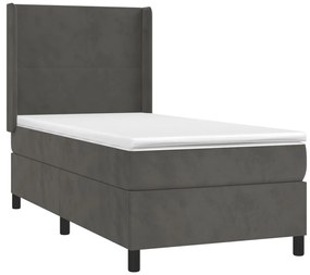 vidaXL Κρεβάτι Boxspring με Στρώμα & LED Σκ. Γκρι 100x200εκ. Βελούδινο