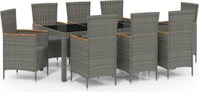 vidaXL Σετ Τραπεζαρίας Εξ. Χώρου 9 τεμ. Γκρι Συνθ. Ρατάν με Μαξιλάρια