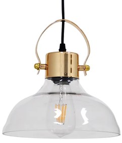JAVER 00933 Vintage Κρεμαστό Φωτιστικό Οροφής Μονόφωτο Διάφανο Γυάλινο Καμπάνα με Χρυσό Ντουί Φ24 x Υ24cm