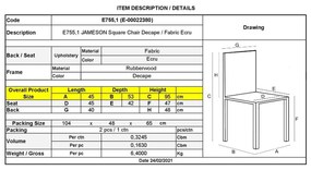 Καρέκλα JAMESON Square Decape/Ύφασμα Εκρού 45x53x95cm (Σετ 2 ΤΕΜ)