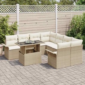 vidaXL Σετ Καναπέ Κήπου με μαξιλάρι 9 pcs Μπεζ Πολυ Ρατάν