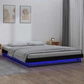 Πλαίσιο Κρεβατιού με LED Μαύρο 135x190 εκ. Διπλό Μασίφ Ξύλο - Μαύρο