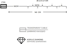 10 led με ακρυλικά διαμαντάκια μπαταρίας σε θερμό λευκό φως και διάφανο καλώδιο IP20