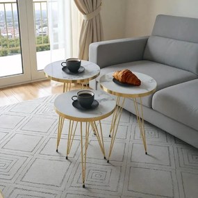 Τραπεζάκια σαλονιού Βοηθητικά Wakmi σετ 3 τεμ. σε λευκό μπεζ μάρμαρο μελαμίνη - χρυσό μέταλλο 33x33x55 εκ.