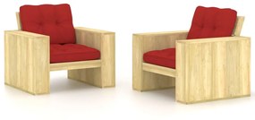 Καρέκλες Κήπου 2 τεμ. Εμποτ. Ξύλο Πεύκου &amp; Κόκκινα Μαξιλάρια