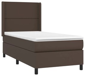 vidaXL Κρεβάτι Boxspring με Στρώμα & LED Καφέ 90x200 εκ. Συνθ. Δέρμα