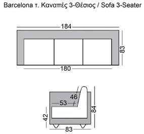 BARCELONA Τ. ΚΑΝΑΠΕΣ ΣΑΛΟΝΙΟΥ ΚΑΘΙΣΤΙΚΟΥ 3ΘΕΣΙΟΣ INOX - PU ΜΑΥΡΟ