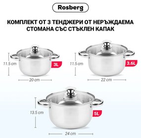 Σετ κατσαρόλες Rosberg R51210O6, 6 τμχ, 3-5 L, Γυάλινα καπάκια, Inox