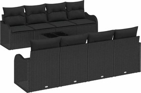 vidaXL Σετ Καναπέ Κήπου 9 pcs Μαύρο Πολυ Ρατάν και Ατσάλι και Γυαλί