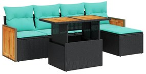 vidaXL Καναπές Κήπου 6 Τεμαχίων Μαύρο Συνθετικό Ρατάν Μαξιλάρια Ακακία