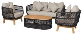 WOODWELL MARK Set Σαλόνι Κήπου 4 τεμαχίων Acacia Φυσικό, Rope Wicker Μαύρο, Μαξιλάρια Μπεζ 2 Πολυθρόνες+Καναπές+Τραπεζάκι Ε2360,1