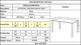 LAVIDA Τραπέζι BAR Μέταλλο Βαφή Φυσικό, Μαύρο MDF   1τμχ