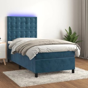 Κρεβάτι Boxspring με Στρώμα &amp; LED Σκ. Μπλε 90x200 εκ. Βελούδινο