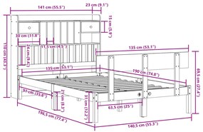 Κρεβάτι Βιβλιοθήκη Χωρίς Στρώμα Λευκό 135x190 εκ Μασίφ Πεύκο - Λευκό