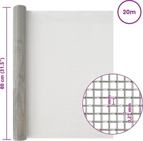 vidaXL Πλέγμα Οθόνης 20 mesh 80 x 2000 cm Ανοξείδωτο Ατσάλι 201 Ασημί