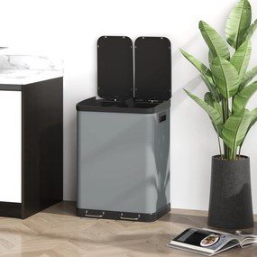 HOMCOM Κάδος απορριμμάτων διπλού διαμερίσματος, 2 x 30L, ανθεκτικός σε δακτυλικά αποτυπώματα, πεντάλ, αφαιρούμενοι εσωτερικοί κάδοι, Γκρι