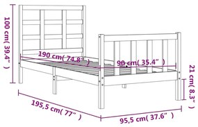 Πλαίσιο Κρεβατιού με Κεφαλάρι Μαύρο 90x190 εκ. Μασίφ Ξύλο - Μαύρο