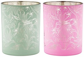 Φανάρι Καταιγίδας Cylindrical "Tropic" Leaf Motif Γυάλινο Πράσινο Pink PU Pcs. Assorted H. 125 cm D. 10 cm-05161297