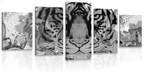 Εικόνα 5 τμημάτων κεφάλι τίγρης σε μαύρο & άσπρο - 100x50