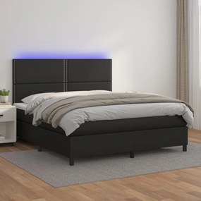 Κρεβάτι Boxspring με Στρώμα &amp; LED Μαύρο 180x200 εκ. Συνθ. Δέρμα