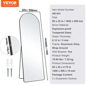 VEVOR Arched Full Length Mirror 65&#039;&#039; x 22&#039;&#039; Full Body Mirror Standing Hanging