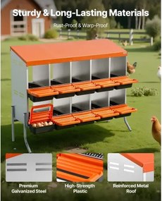 VEVOR Chicken Nesting Boxes, 10 Compartments, with Support Legs, Easy Egg Collection, Galvanized Steel and High-Strength Plastic, Roll Away Nesting Boxes for Chickens and Hens Laying Eggs, Orange