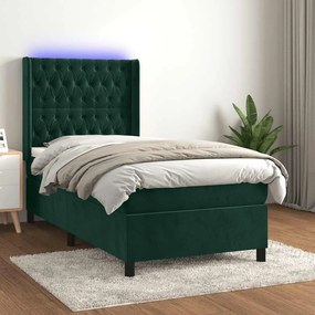 vidaXL Κρεβάτι Boxspring με Στρώμα &amp; LED Σκ. Πράσινο 90x200 εκ Βελούδο