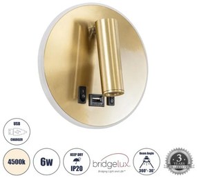 Απλίκα Ξεν/χείου Bed Side LED 6W 4500K USB 3A 360° Αλουμίνιο Globostar-60940-Χρυσό 60940
