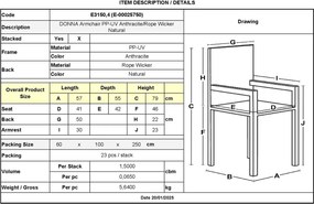 DONNA Πολυθρόνα-Pro Στοιβαζόμενη, PP-UV Ανθρακί, Rope Wicker Φυσικό   1τμχ