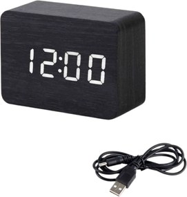 Επιτραπέζιο Ψηφιακό Ξύλινο Ρολόι με οθόνη LED, Ξυπνητήρι, Θερμόμετρο - Μαύρο