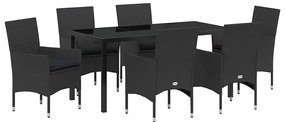 vidaXL Σέτ φαγητού για κήπο με μαξιλάρι 7 pcs Μαύρο Πολυ ράταν