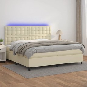 vidaXL Κρεβάτι Boxspring με Στρώμα & LED Κρεμ 200x200 εκ. Συνθ. Δέρμα