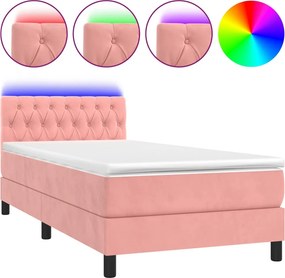 vidaXL Κρεβάτι Boxspring με Στρώμα &amp; LED Ροζ 90x200 εκ. Βελούδινο