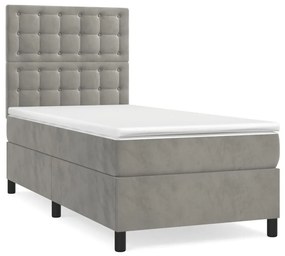 Κρεβάτι Boxspring με Στρώμα Ανοιχτό Γκρι 90x200 εκ. Βελούδινο - Γκρι