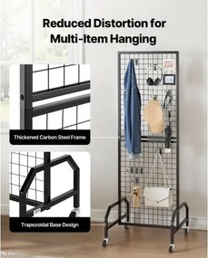VEVOR Grid Wall Panel 600 x 1640 mm Wire Display Rack with Wheels and 10 Hooks
