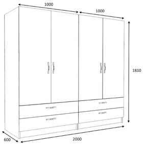 Ντουλάπα ρούχων Victoria Megapap τετράφυλλη με συρτάρια χρώμα καρυδί 200x60x181εκ.