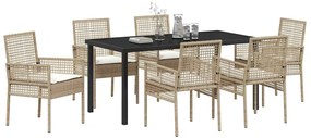 vidaXL Σέτ φαγητού για κήπο με μαξιλάρι 7 pcs Μπεζ συνθετικό ρατάν