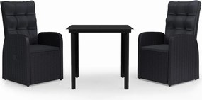 vidaXL Σετ Τραπεζαρίας Κήπου 3 Τεμαχίων Μαύρο με Μαξιλάρια
