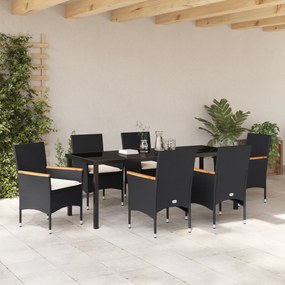 vidaXL 7 Τμήμα Σερβίτσιο Κήπου με Μαξιλάρια Μαύρο Πολυ Ρατάν
