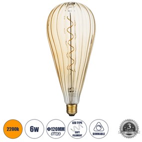 GloboStar 99024 Λάμπα LED Soft S Spiral Filament E27 OT120 ZEPPELIN Γλόμπος 6W 420lm 360° AC 220-240V IP20 Φ12 x Υ46cm Ultra Θερμό Λευκό 2200K με Μελί Γυαλί - Dimmable - 3 Years Warranty