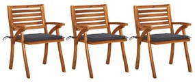 Καρέκλες Τραπεζαρίας Κήπου 3 τεμ Μασίφ Ξύλο Ακακίας &amp; Μαξιλάρια - Ανθρακί